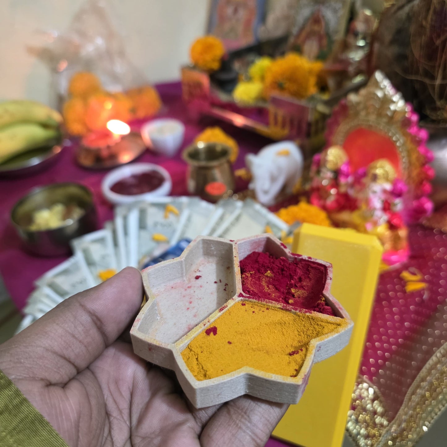 Haldi Kumkum Box - Cute Flower Petal Shaped for Home Temple & Idol Worship